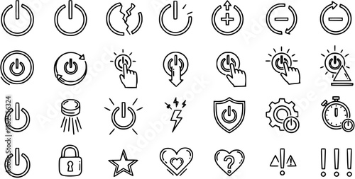 Technology Power Button On Off Control Icons Set - Black and White Outline UI UX Line Art Symbols for Digital Interface, Settings, and Alerts