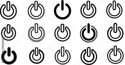 Technology Power Button Icons Set - Black  White Line Art Glyphs for Digital UIUX Interface Design