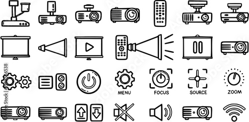 Projector Technology Outline Line Art Icon Set. Black  White Glyph Symbols for Audiovisual, Presentation, Business, Education, and Entertainment.