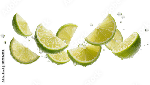 Valokuva Isolated fresh lime slices with water drops falling, vibrant citrus fruit for healthy drinks