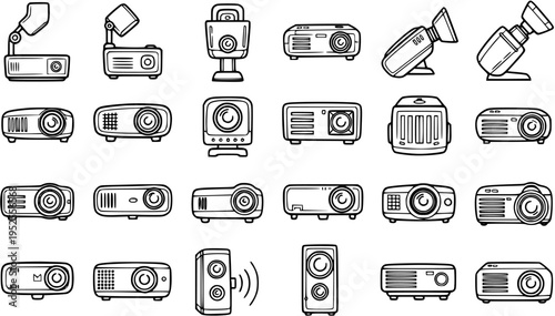 Technology Electronic Devices Vector Line Art Icon Set featuring Projectors, Cameras, and Speakers for Multimedia and AV Equipment