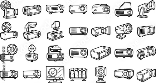 Technology and Multimedia Projectors Hand-drawn Line Art Icons Set. Various Audio Visual Presentation Equipment Outline Doodles Collection.