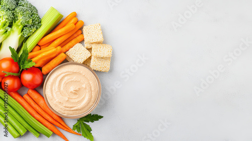 Flat lay of assorted fresh vegetables including broccoli, celery, tomatoes, baby carrots, and green beans with bowl of creamy hummus and rice crackers light background, evoking healthy and vibrant