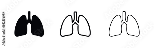 Human Lungs Icons Set. Vector Illustration of Black Silhouette, Thick and Thin Outline Lungs on White Background.