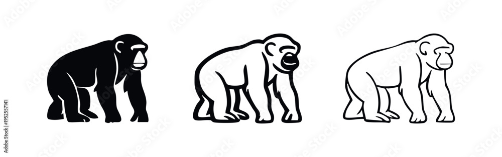 Fototapeta premium Chimpanzee icon set. Intelligent primate mammal symbol in various styles.