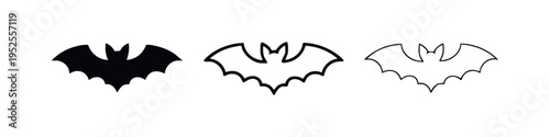 Bat icon set. Flying mammal symbol in various styles.