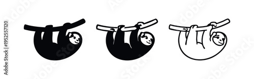 Sloth icon set. Cute slow-moving mammal hanging on a branch in various styles.