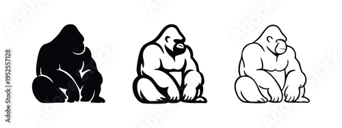 Gorilla icon set. Powerful primate mammal symbol in various styles.
