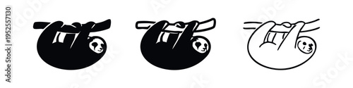 Sloth icon set. Cute slow-moving mammal hanging on a branch in various styles.