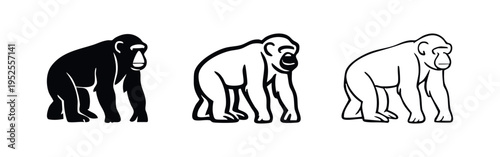 Chimpanzee icon set. Intelligent primate mammal symbol in various styles.