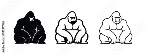 Sitting Gorilla Icon Set in Black and White Outline and Solid Styles