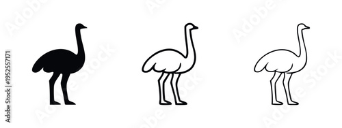 Simple Ostrich Bird Icon Set in Black and White Outline and Solid Styles