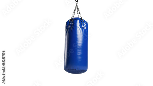 Isolated blue leather punching bag hanging from a chain for boxing and fitness training