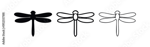 Dragonfly icon set in three styles: solid, outline, and thin line, isolated on white background.