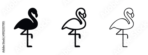 Flamingo icon set, tropical bird design in solid, outline, and thin line variations.