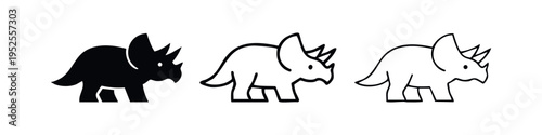 Cute Triceratops dinosaur icon set, solid and outline versions with small eyes
