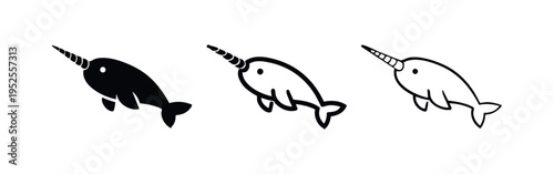 Cute Narwhal whale icon set with unicorn-like horn