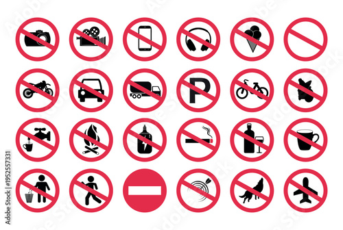 Set of red forbidden sign, prohibition. Collection of vector icons forbidden dangerous actions: smoking, alcohol, food and drink, vector illustration