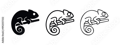 Chameleon on Branch Icon Set - Reptile Symbol in Solid and Outline Styles