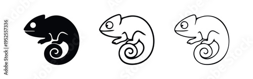 Chameleon Icon Set with Curled Tail - Reptile Symbol in Solid and Outline Styles