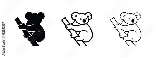 Koala Hugging Branch Icon Set - Adorable Australian Marsupial Symbol in Solid and Outline Styles