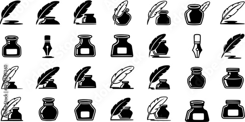 Historical Writing Tools Glyph Icons Set: Black and White Vector Silhouettes of Quill Pens, Inkwells, and Ink for Literature, Education, and Communication Stationery.