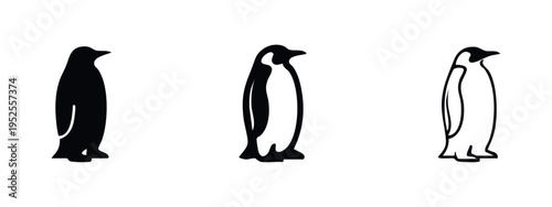 Penguin Icon Set. Simple black silhouette and outline vector illustrations of a standing penguin, isolated on white.
