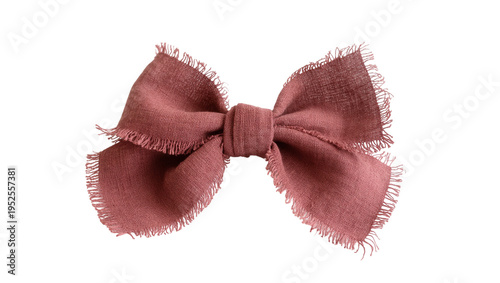 Isolated rustic rose linen fabric bow with frayed edges, soft textile ribbon, elegant craft