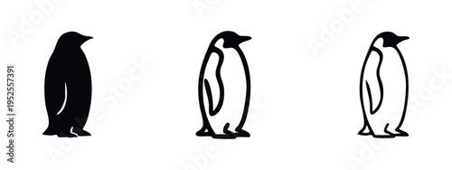 Penguin Icon Set. Simple black silhouette and outline vector illustrations of a standing penguin, isolated on white.