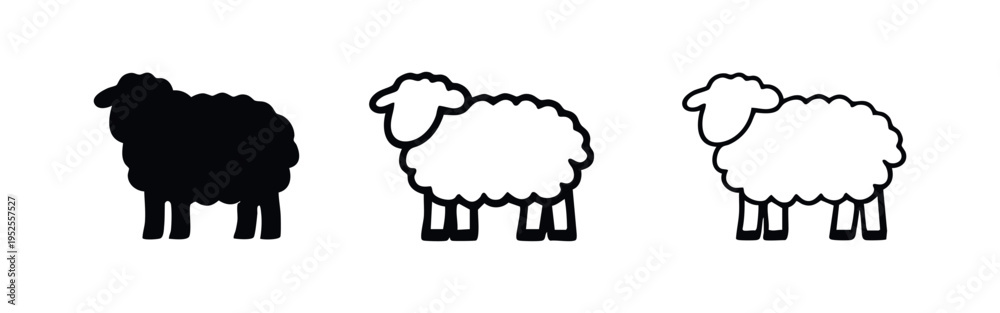 Obraz premium Wooly sheep icon set in three different styles: solid silhouette, bold outline, and thin line art on a white background. Farm animal vector.