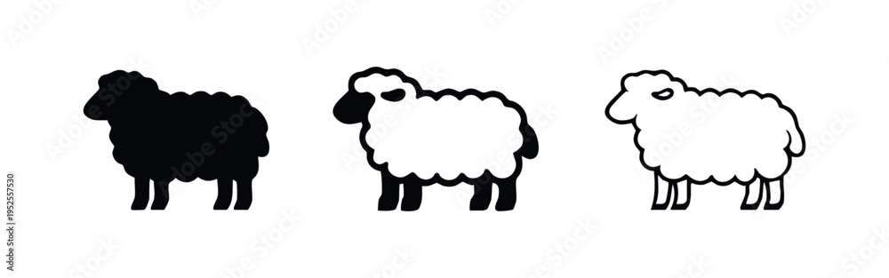 Obraz premium Sheep icon set in three different styles: solid silhouette, bold outline, and thin line art on a white background. Farm animal vector illustration.