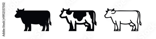Cow icon set in three different styles: solid silhouette, spotted pattern, and thin line art on a white background. Dairy farm animal vector.