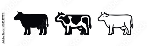 Dairy cow icon set in three different styles: solid silhouette, spotted pattern, and thin line art on a white background. Farm animal vector.