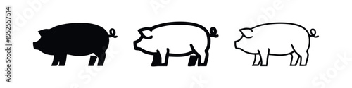 Pig icon set in three different styles: solid silhouette, bold outline, and thin line art on a white background. Farm animal vector illustration.