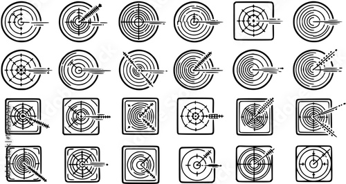 Black and white line art radar screens and targets with crosshairs, abstract technology icons