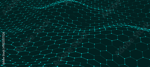 A vibrant hexagonal grid gently curves like a living digital fabric. A futuristic hexagonal background. Glowing nodes are connected by lines, forming a honeycomb structure.