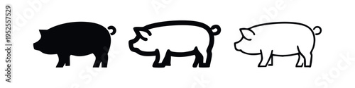 Hog pig icon set in three different styles: solid silhouette, bold outline, and thin line art on a white background. Farm animal vector illustration.