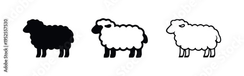 Sheep icon set in three different styles: solid silhouette, bold outline, and thin line art on a white background. Farm animal vector illustration.