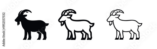 Bearded goat icon set in three different styles: solid silhouette, bold outline, and thin line art on a white background. Farm animal vector.