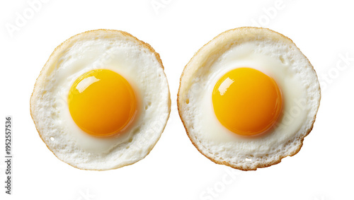 Isolated two perfectly cooked fried eggs sunny side up, delicious and healthy breakfast food