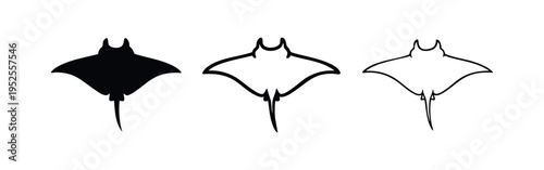 Manta ray icon set. Large marine fish silhouette and outline collection. Ocean creature graphic vector illustration.