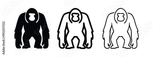 Standing gorilla icon set. Powerful ape silhouette and outline collection. Jungle wildlife graphic vector illustration.