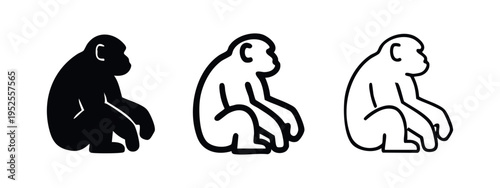 Sitting monkey icon set. Primate animal silhouette and outline collection. Jungle wildlife graphic vector illustration.