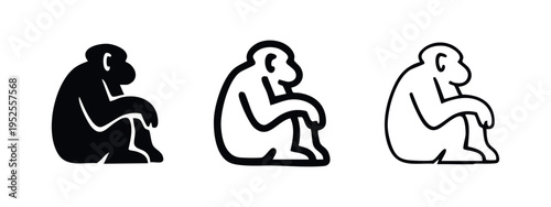 Huddled monkey icon set. Primate animal silhouette and outline collection. Jungle wildlife graphic vector illustration.