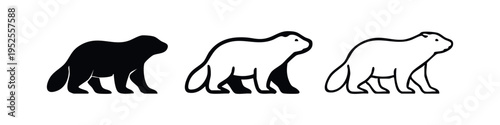 Minimalist Beaver Icon Set in Solid, Thick, and Thin Line Art Styles, Facing Right