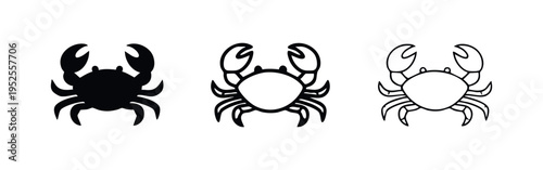 Crab Sea Animal Icon Set in Solid, Outline, and Line Styles. Marine Creature Vector Illustration.