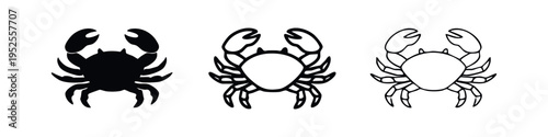 Delicious Crab Icon Set in Solid, Outline, and Line Styles. Seafood Vector Illustration.