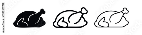 Roasted Chicken or Turkey Icon Set, Thanksgiving Dinner Bird Symbol, Whole Cooked Fowl Silhouette Vector Illustration