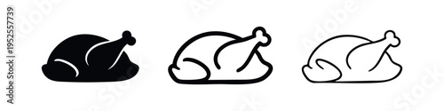 Roasted Chicken or Turkey Icon Set, Thanksgiving Dinner Bird Symbol, Whole Cooked Fowl Silhouette Vector Illustration