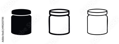 Cylindrical Jar or Bottle Icon Set in Solid, Outlined, and Thin Line Styles